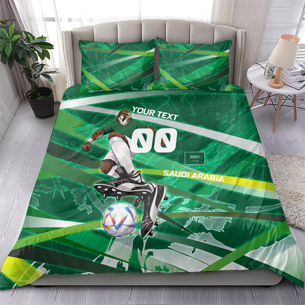 Personalized Saudi Arabia Football Bedding Set Green Falcon National Pride Mascot