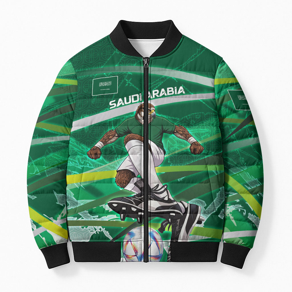 Personalized Saudi Arabia Football Bomber Puffer Jacket Green Falcon National Pride Mascot