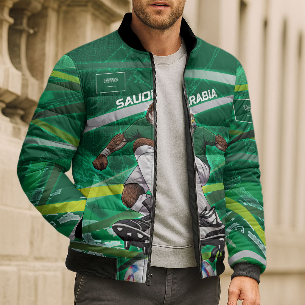 Personalized Saudi Arabia Football Bomber Puffer Jacket Green Falcon National Pride Mascot