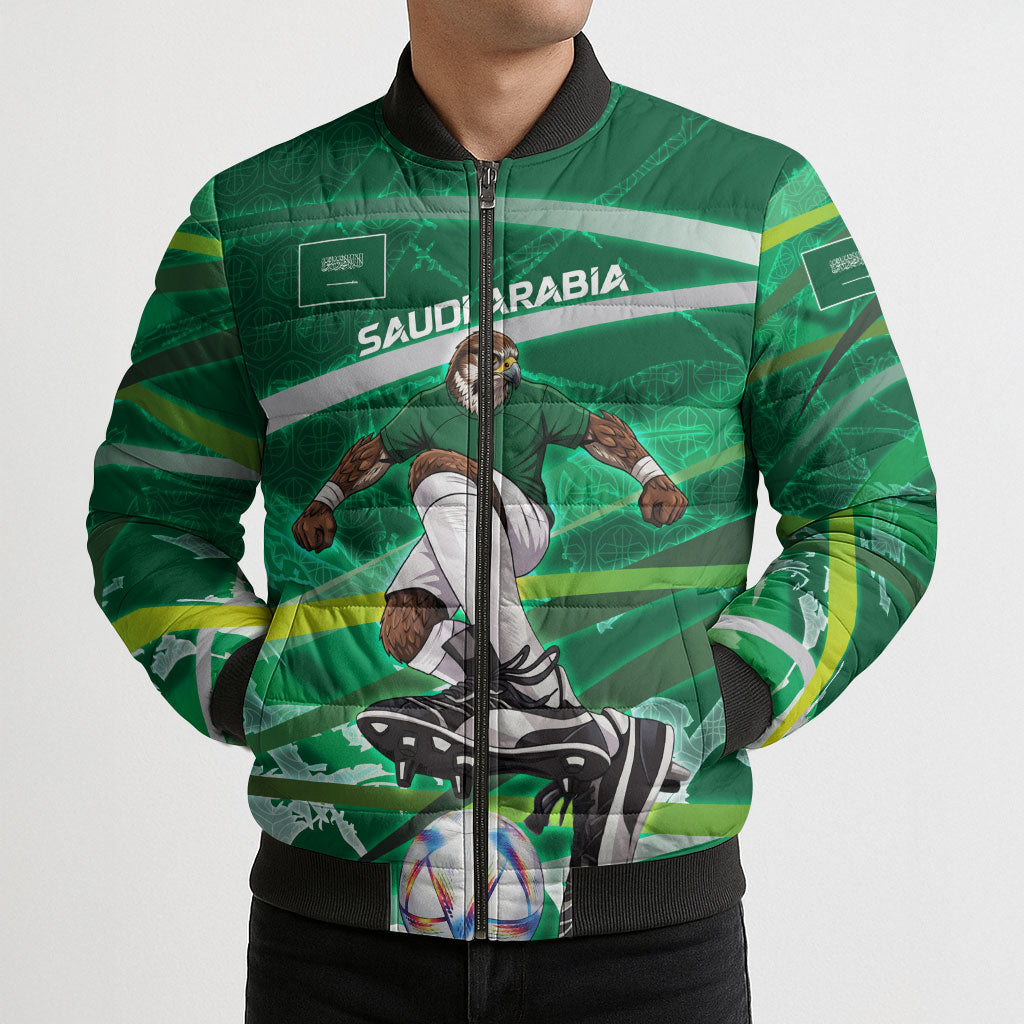 Personalized Saudi Arabia Football Bomber Puffer Jacket Green Falcon National Pride Mascot