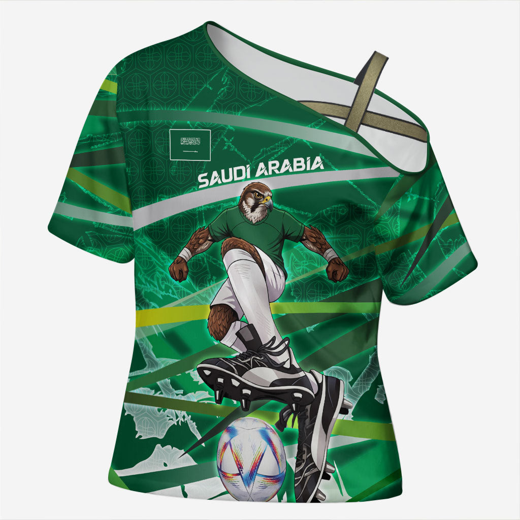 Personalized Saudi Arabia Football Cross Shoulder Shirt Green Falcon National Pride Mascot