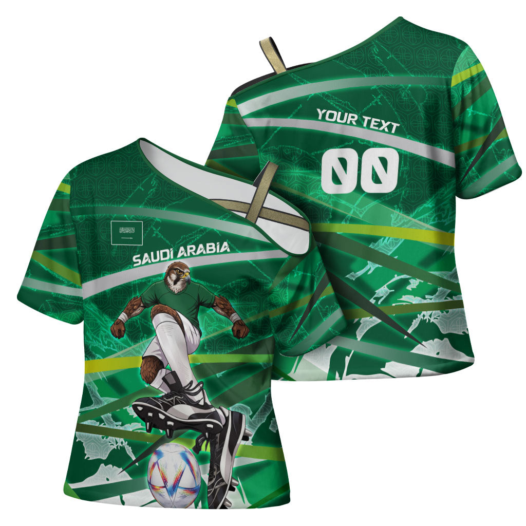 Personalized Saudi Arabia Football Cross Shoulder Shirt Green Falcon National Pride Mascot