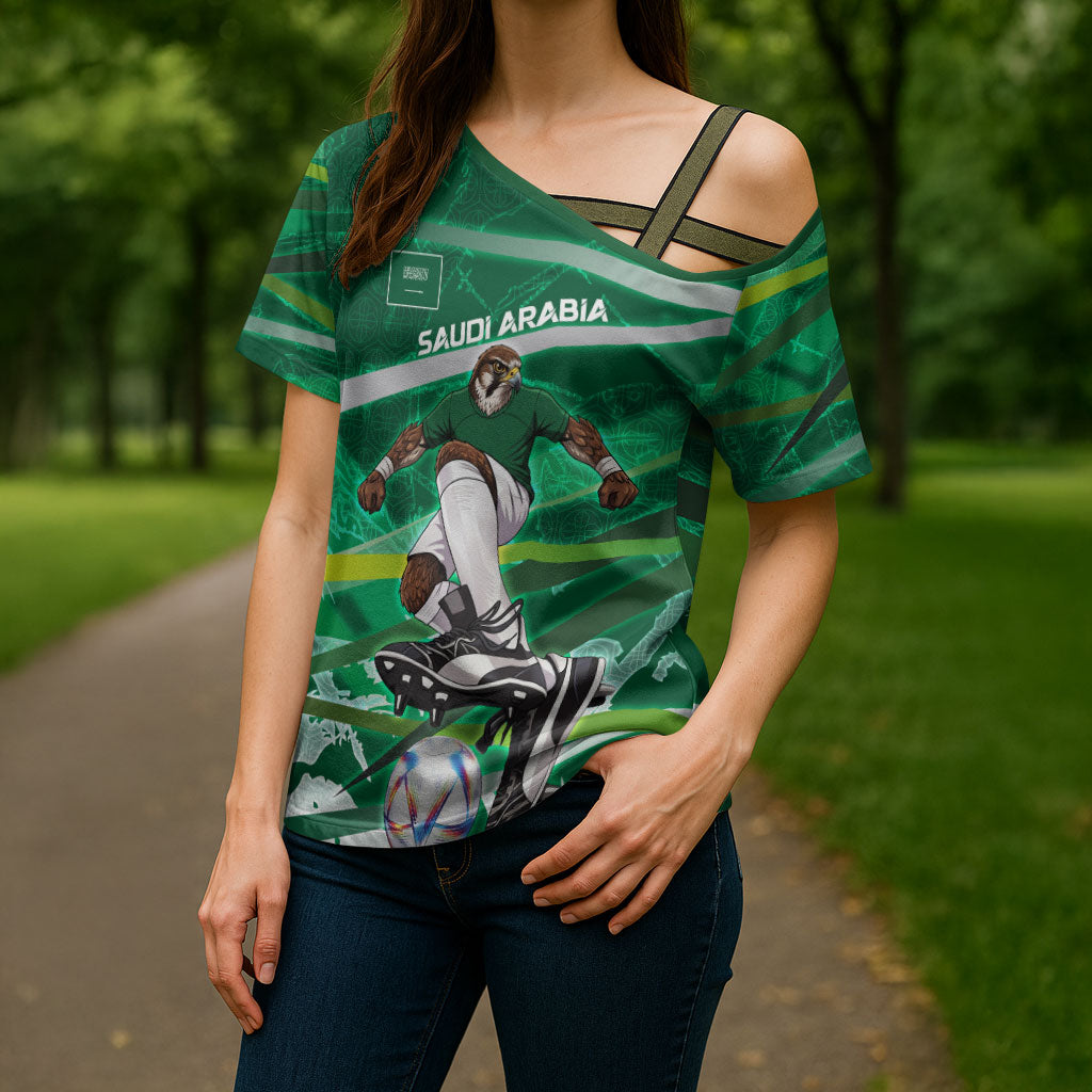 Personalized Saudi Arabia Football Cross Shoulder Shirt Green Falcon National Pride Mascot