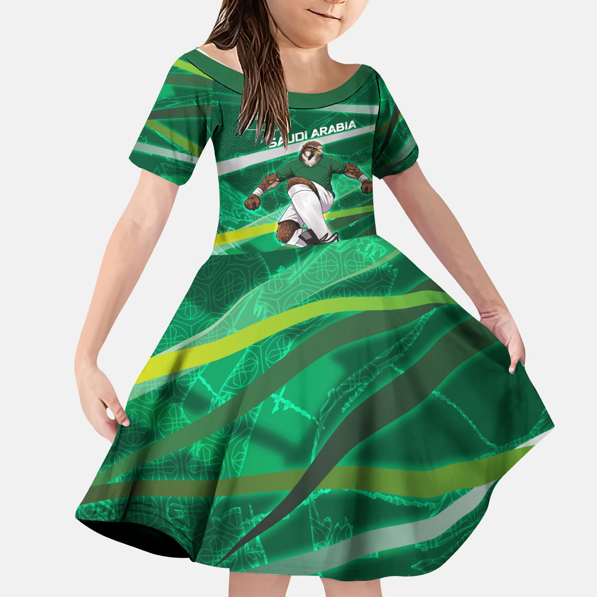Personalized Saudi Arabia Football Kid Short Sleeve Dress Green Falcon National Pride Mascot