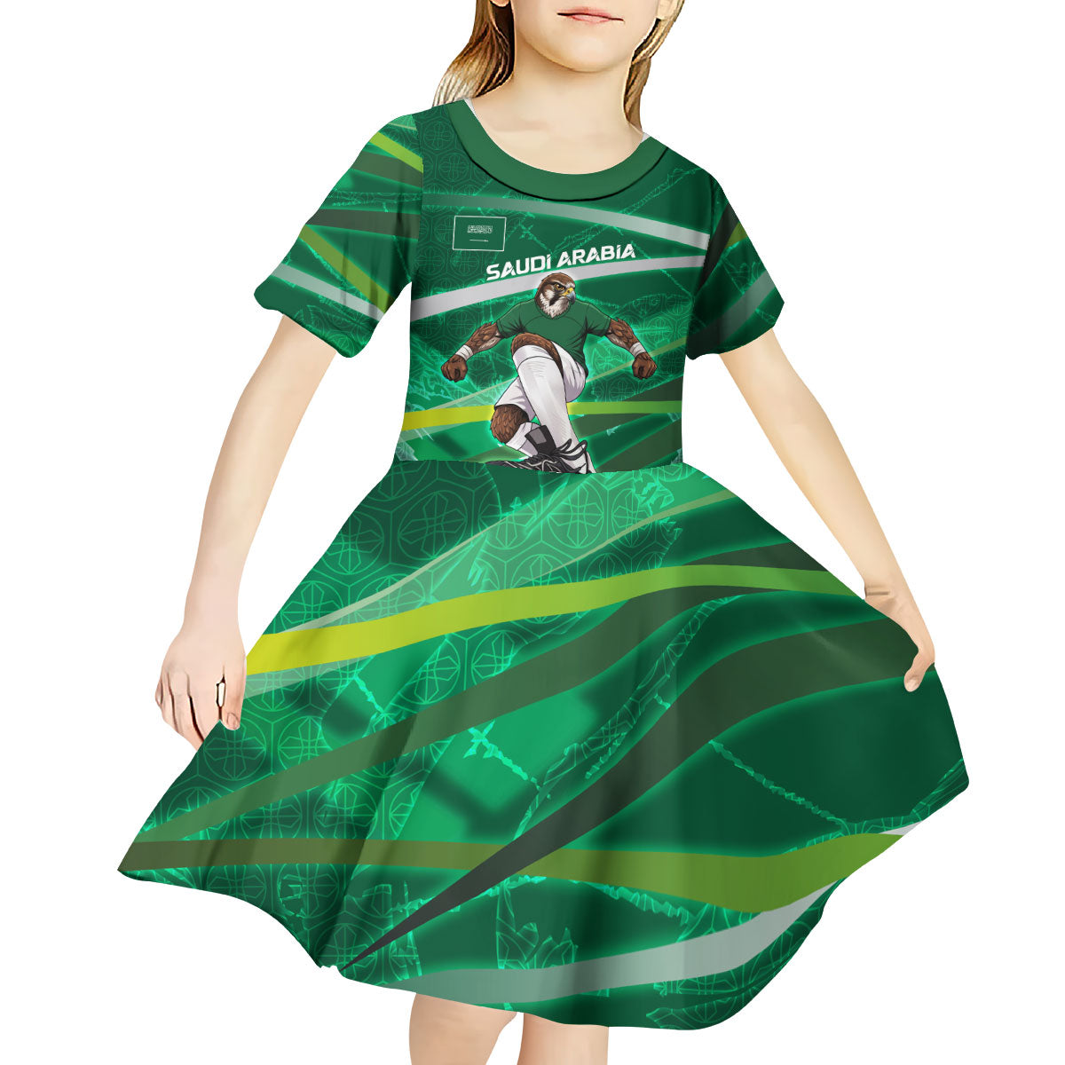 Personalized Saudi Arabia Football Kid Short Sleeve Dress Green Falcon National Pride Mascot