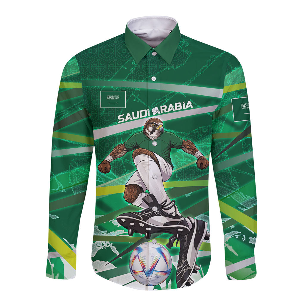 Personalized Saudi Arabia Football Long Sleeve Button Shirt Green Falcon National Pride Mascot