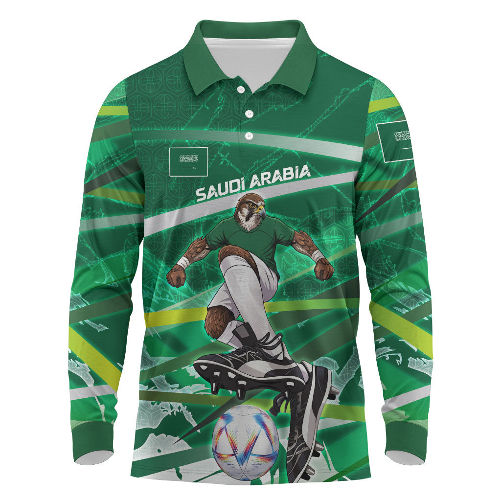 Personalized Saudi Arabia Football Long Sleeve Polo Shirt Green Falcon National Pride Mascot