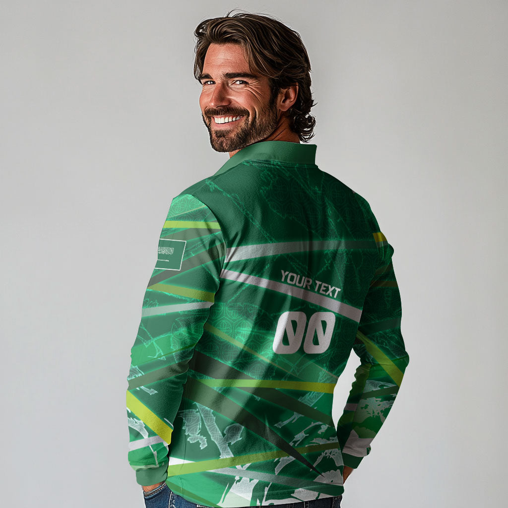 Personalized Saudi Arabia Football Long Sleeve Polo Shirt Green Falcon National Pride Mascot