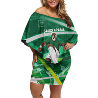 Personalized Saudi Arabia Football Off Shoulder Short Dress Green Falcon National Pride Mascot