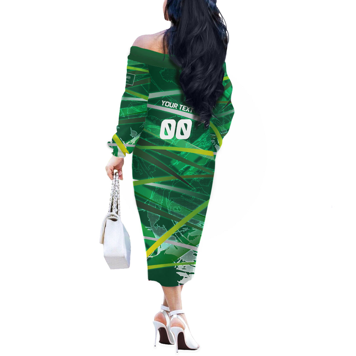 Personalized Saudi Arabia Football Off The Shoulder Long Sleeve Dress Green Falcon National Pride Mascot