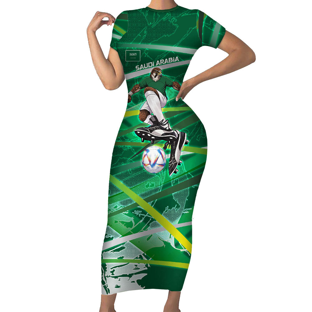 Personalized Saudi Arabia Football Short Sleeve Bodycon Dress Green Falcon National Pride Mascot