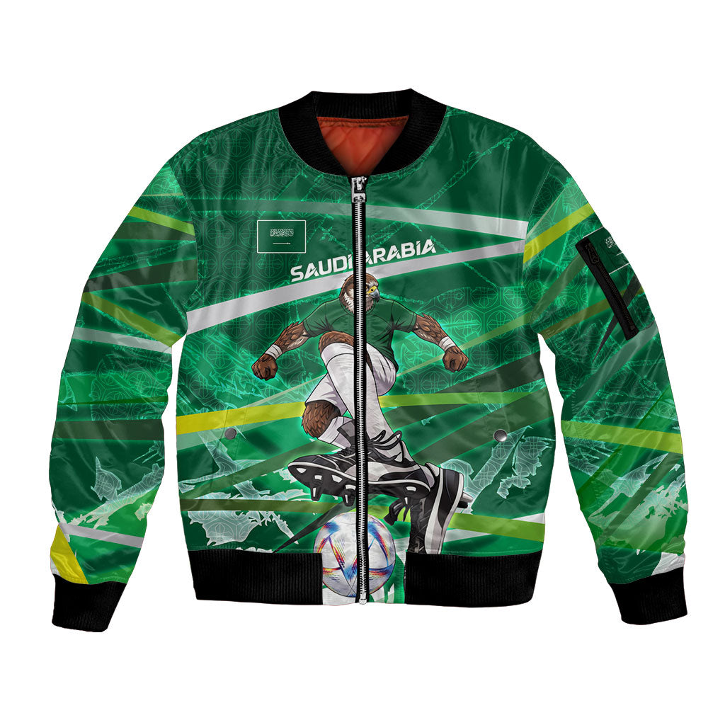 Personalized Saudi Arabia Football Sleeve Zip Bomber Jacket Green Falcon National Pride Mascot