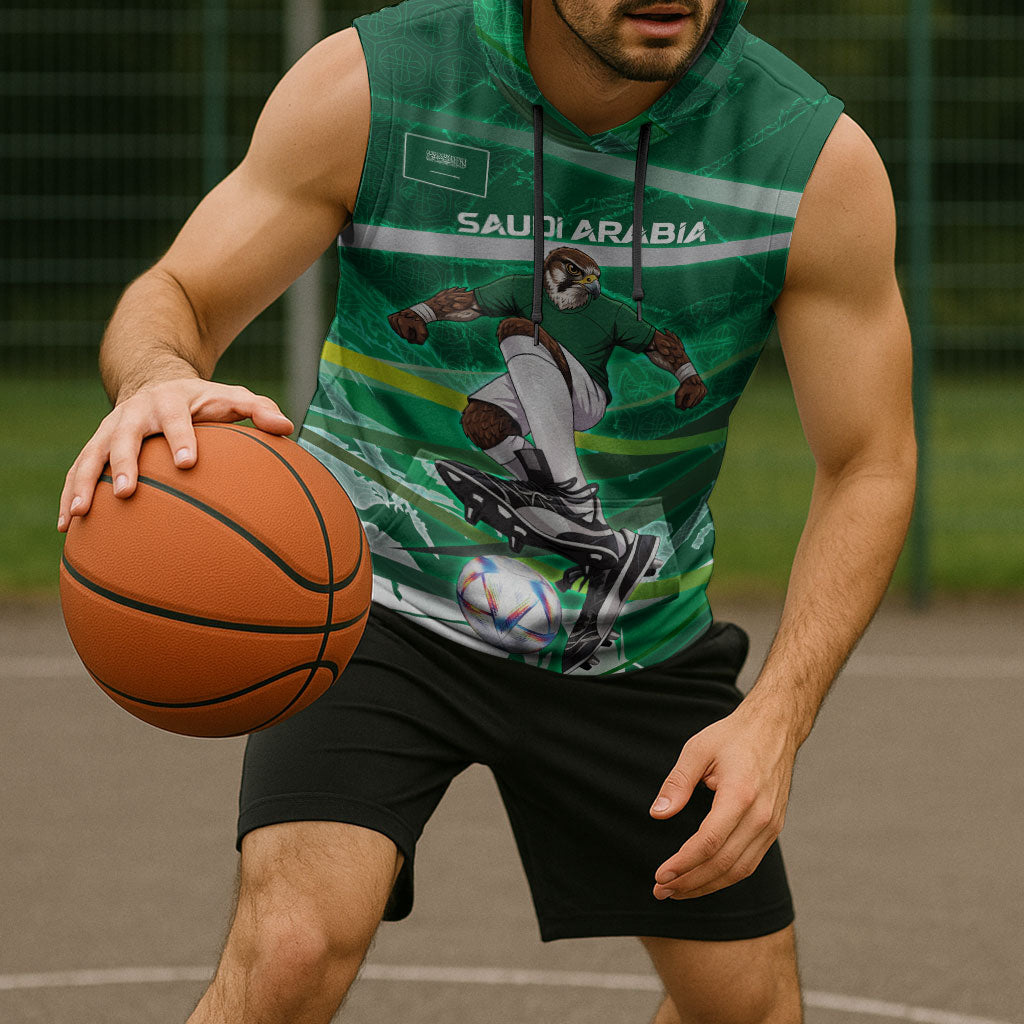 Personalized Saudi Arabia Football Sleeveless Hoodie Green Falcon National Pride Mascot