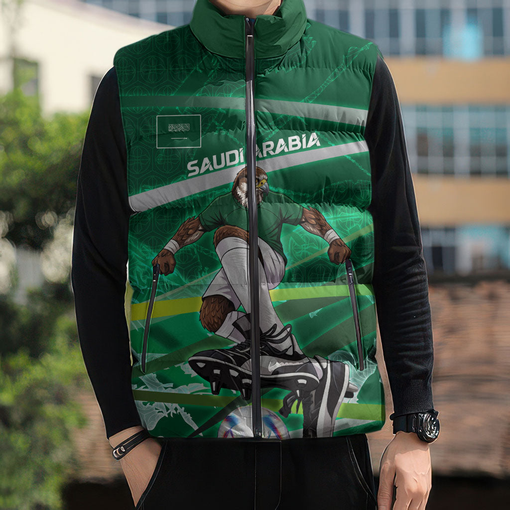 Personalized Saudi Arabia Football Sleeveless Puffer Jacket Green Falcon National Pride Mascot