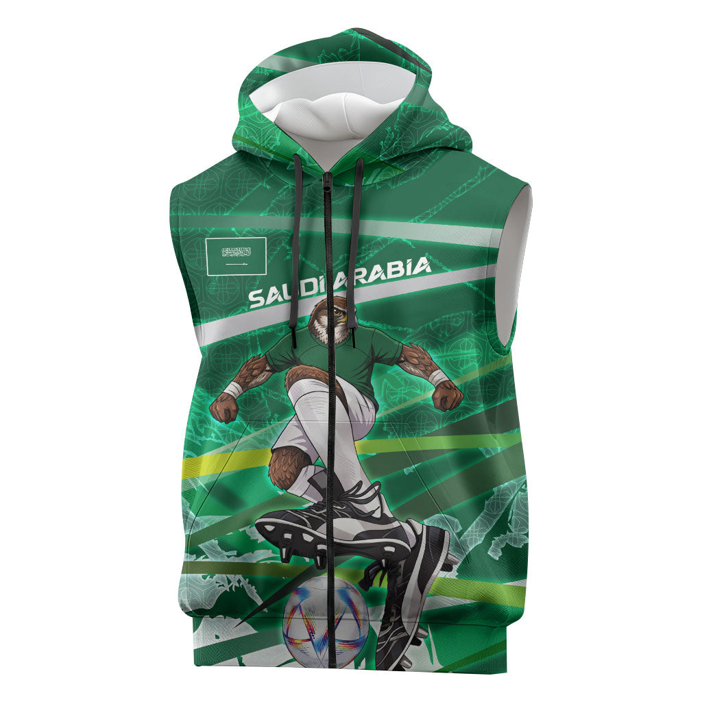 Personalized Saudi Arabia Football Sleeveless Zip Hoodie Green Falcon National Pride Mascot