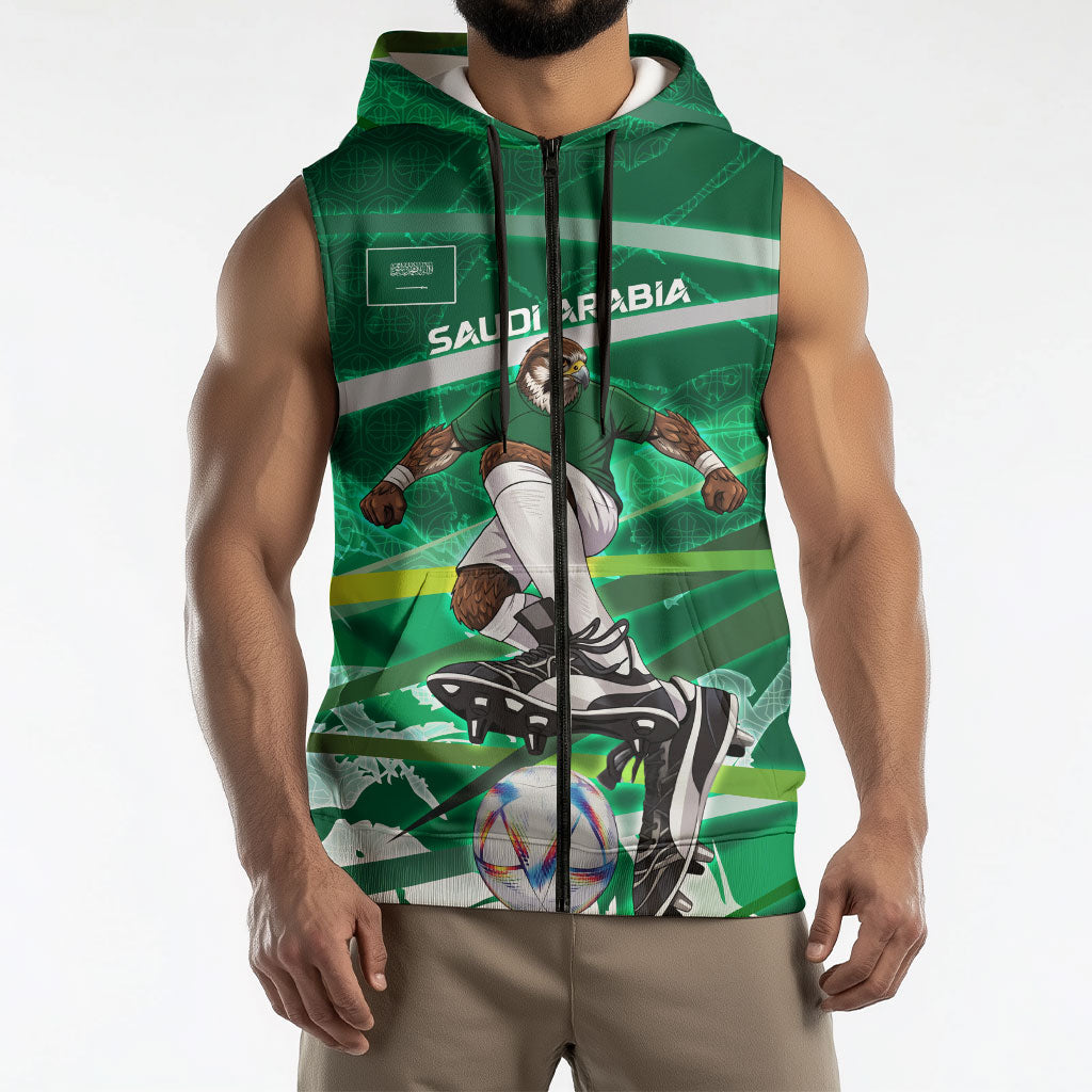 Personalized Saudi Arabia Football Sleeveless Zip Hoodie Green Falcon National Pride Mascot