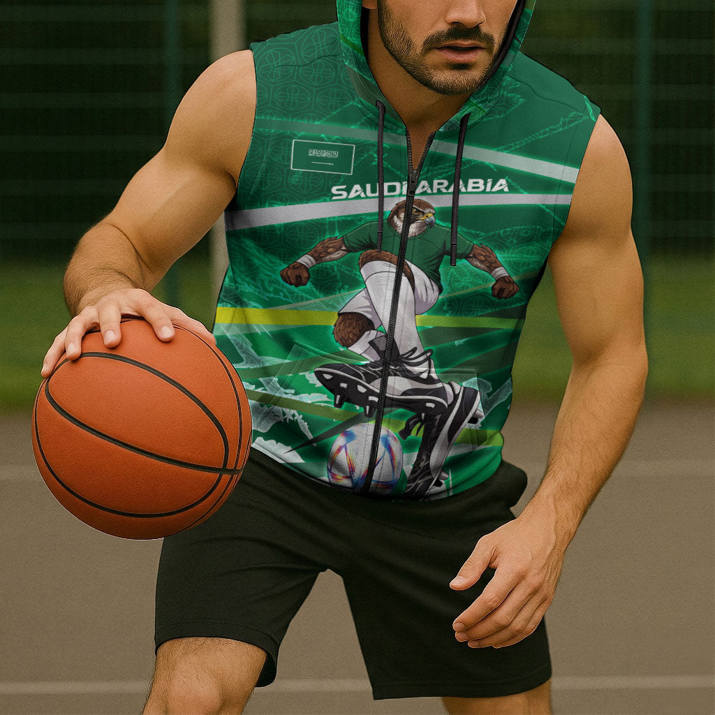 Personalized Saudi Arabia Football Sleeveless Zip Hoodie Green Falcon National Pride Mascot