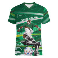 Personalized Saudi Arabia Football Women V-Neck T-Shirt Green Falcon National Pride Mascot