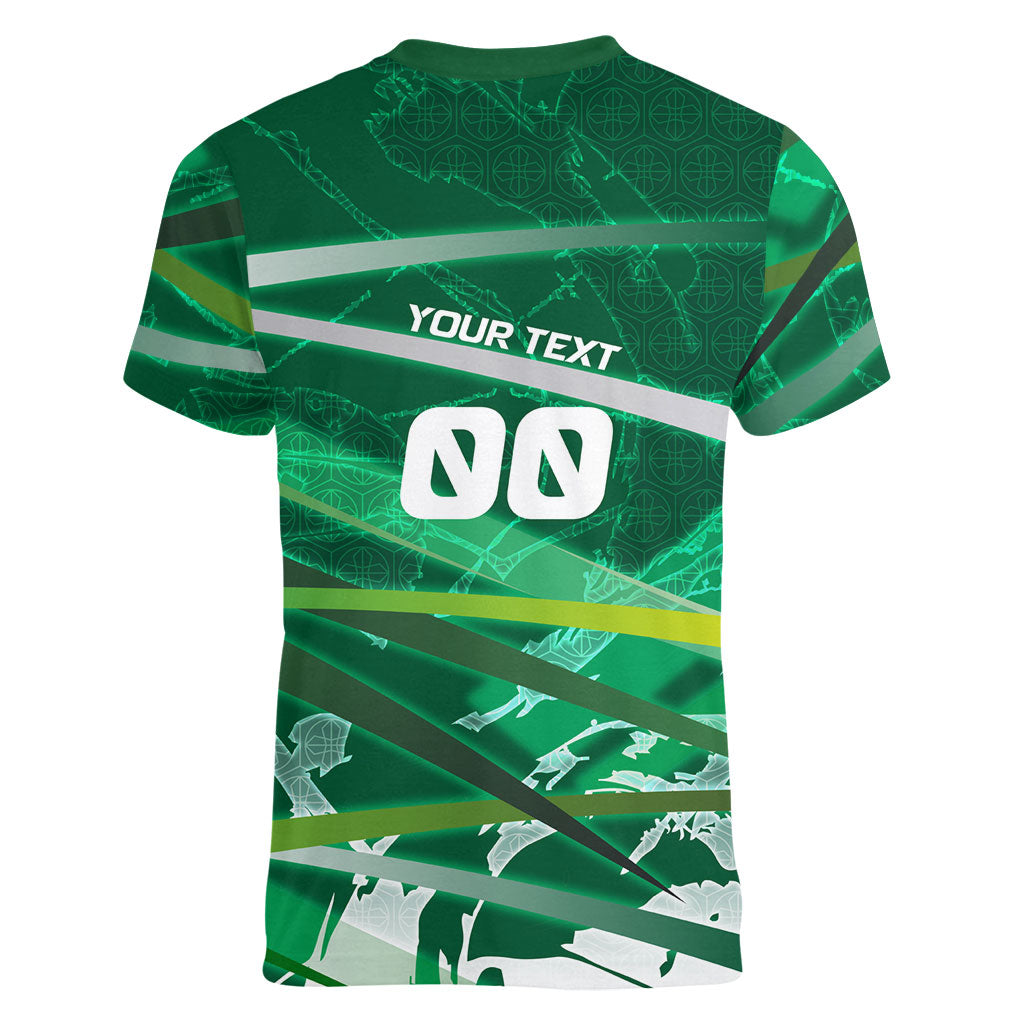 Personalized Saudi Arabia Football Women V-Neck T-Shirt Green Falcon National Pride Mascot