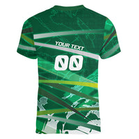 Personalized Saudi Arabia Football Women V-Neck T-Shirt Green Falcon National Pride Mascot