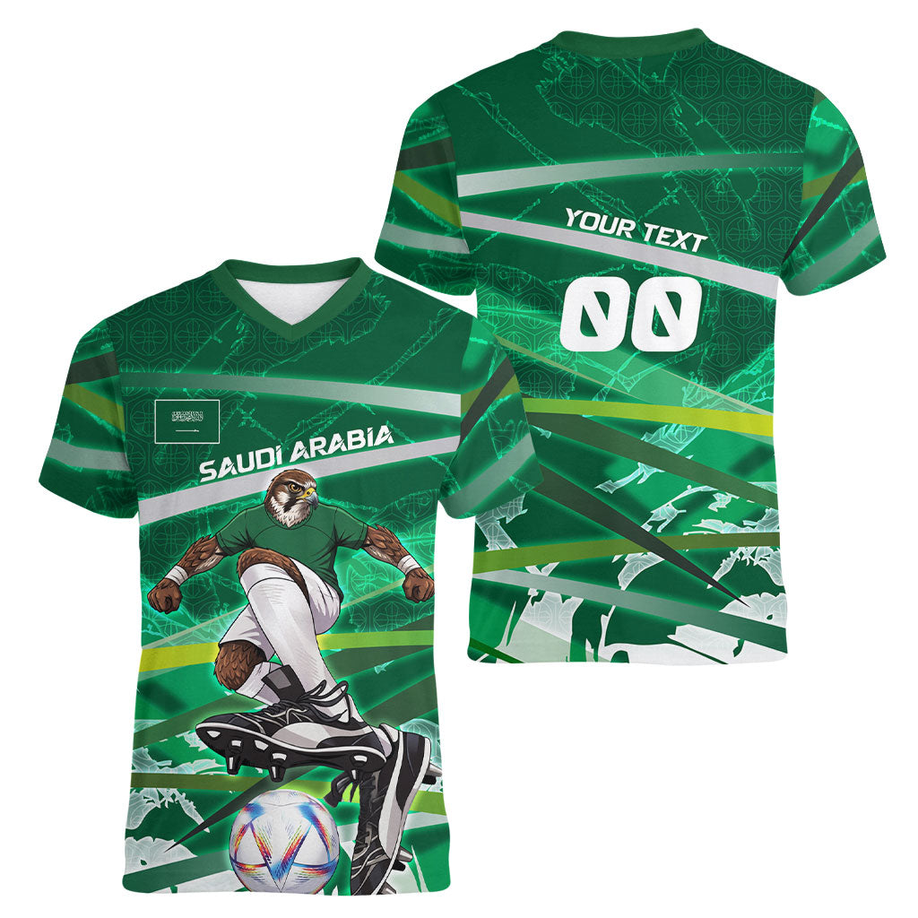 Personalized Saudi Arabia Football Women V-Neck T-Shirt Green Falcon National Pride Mascot