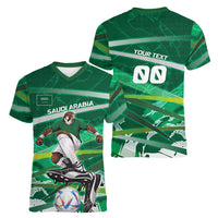 Personalized Saudi Arabia Football Women V-Neck T-Shirt Green Falcon National Pride Mascot