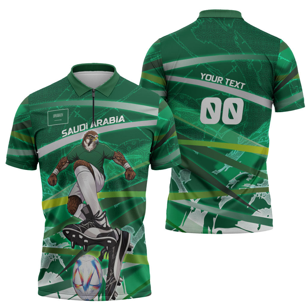Personalized Saudi Arabia Football Zipper Polo Shirt Green Falcon National Pride Mascot