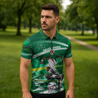 Personalized Saudi Arabia Football Zipper Polo Shirt Green Falcon National Pride Mascot