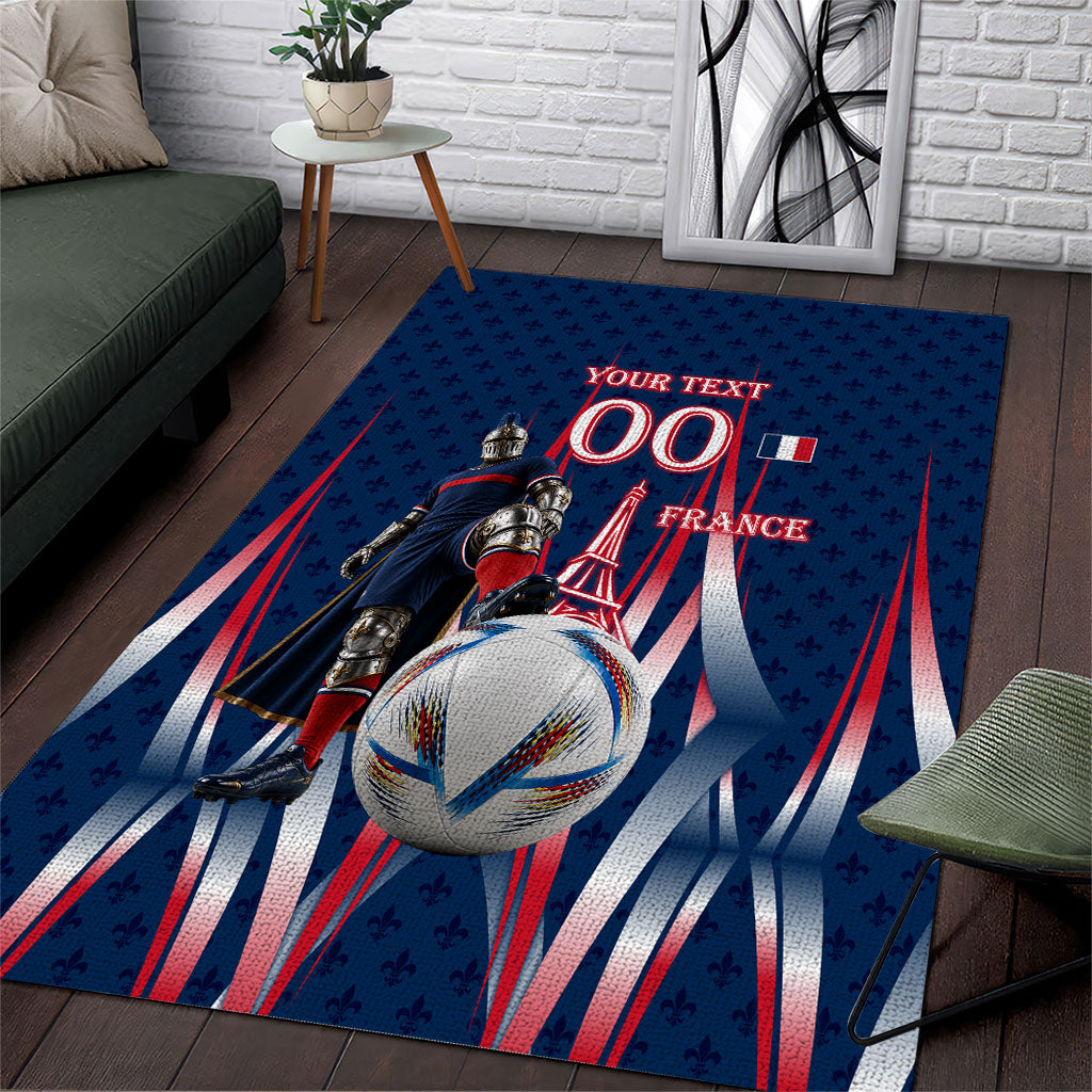 Personalized France Football Knight Area Rug Medieval Knight Soccer Concept With Eiffel Tower