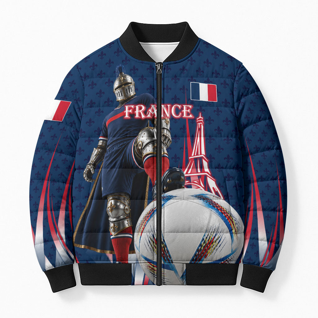 Personalized France Football Knight Bomber Puffer Jacket Medieval Knight Soccer Concept With Eiffel Tower