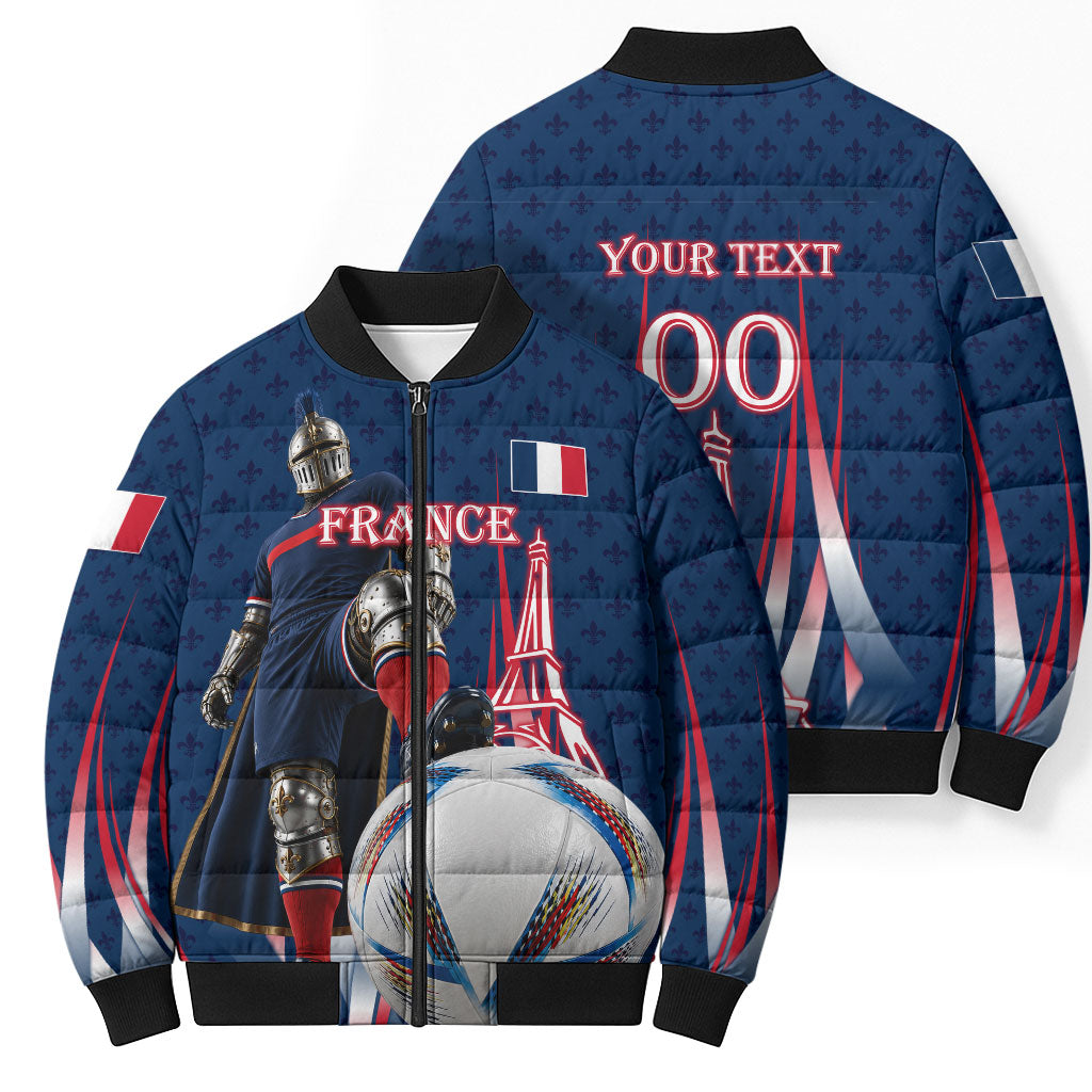 Personalized France Football Knight Bomber Puffer Jacket Medieval Knight Soccer Concept With Eiffel Tower