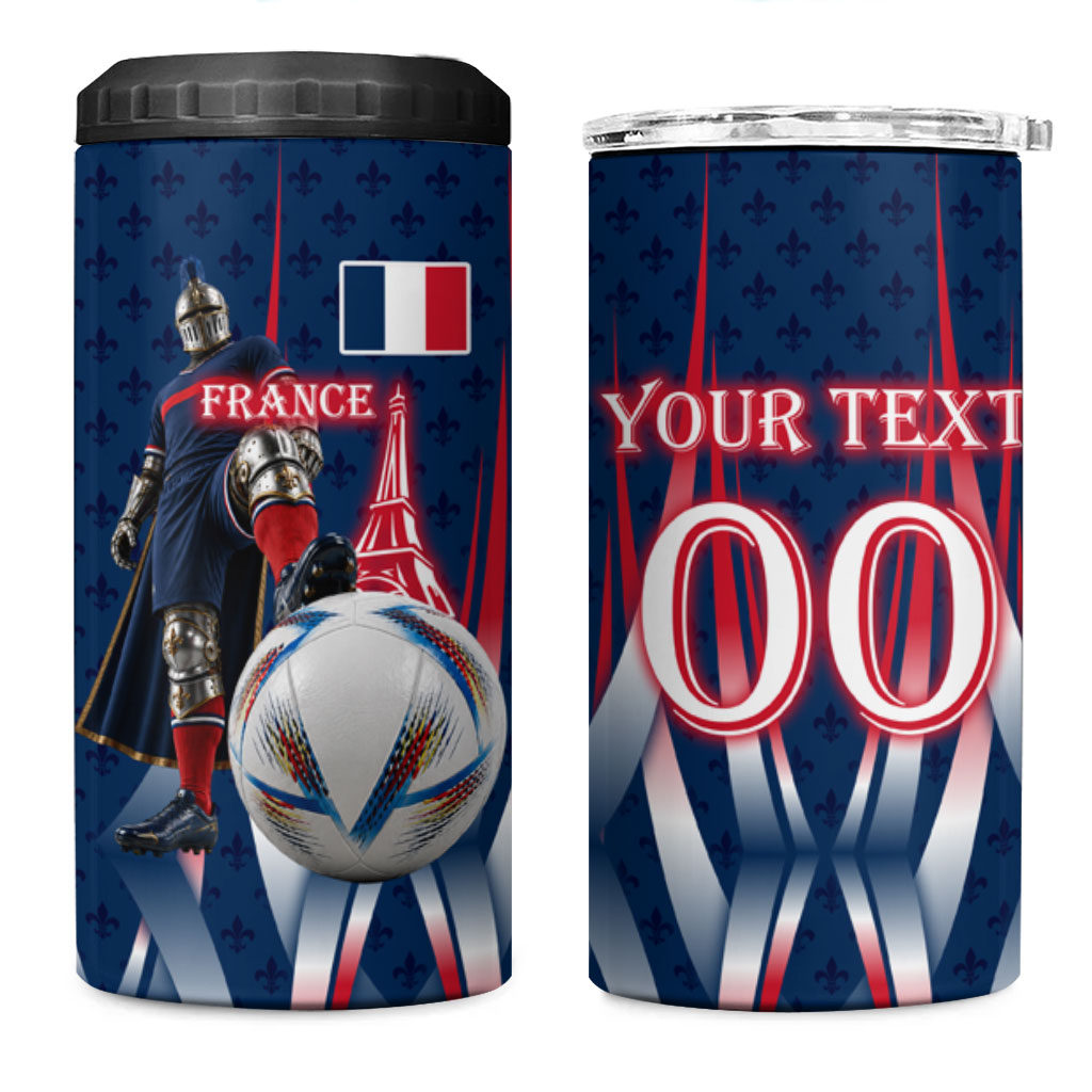 Personalized France Football Knight 4 in 1 Can Cooler Tumbler Medieval Knight Soccer Concept With Eiffel Tower
