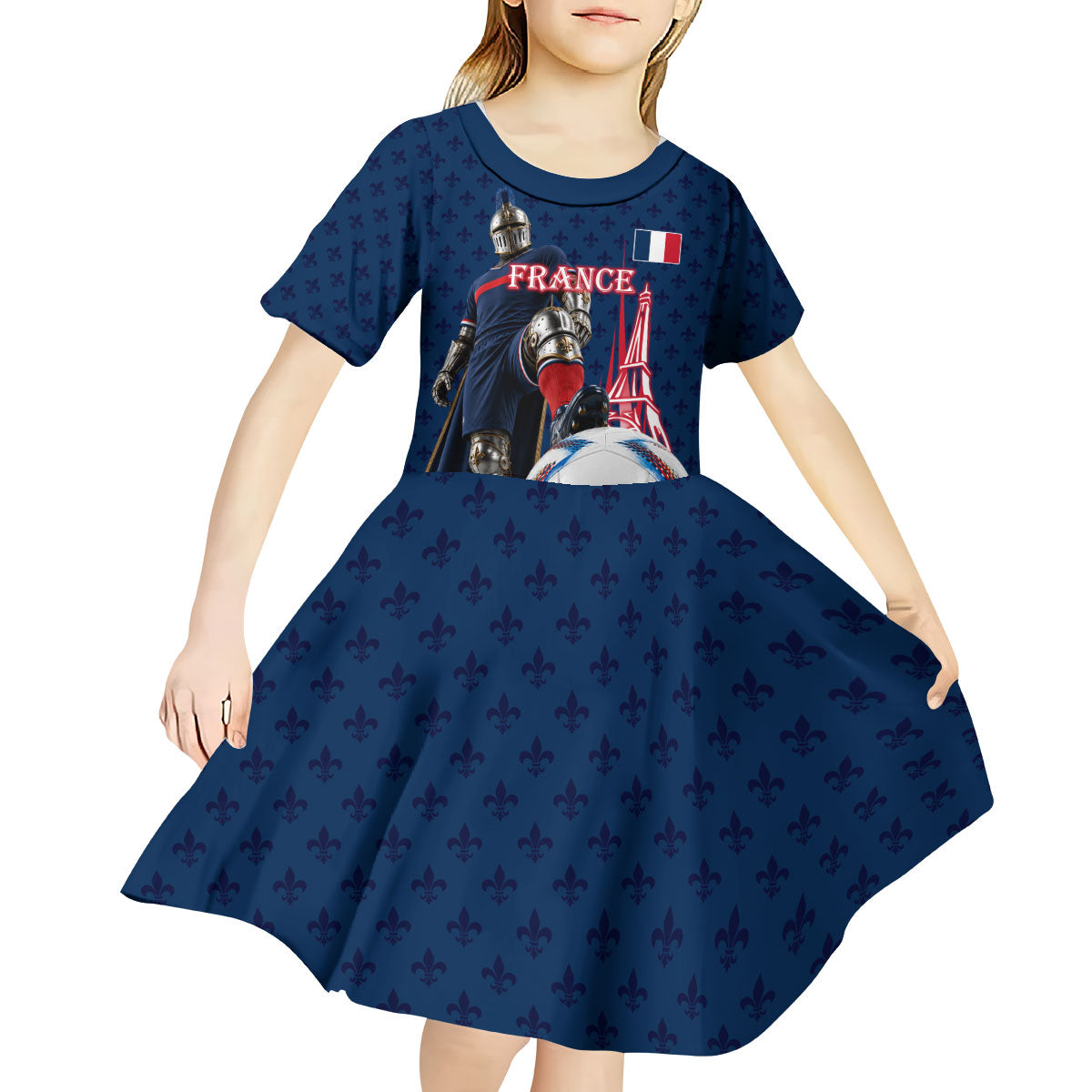 Personalized France Football Knight Kid Short Sleeve Dress Medieval Knight Soccer Concept With Eiffel Tower