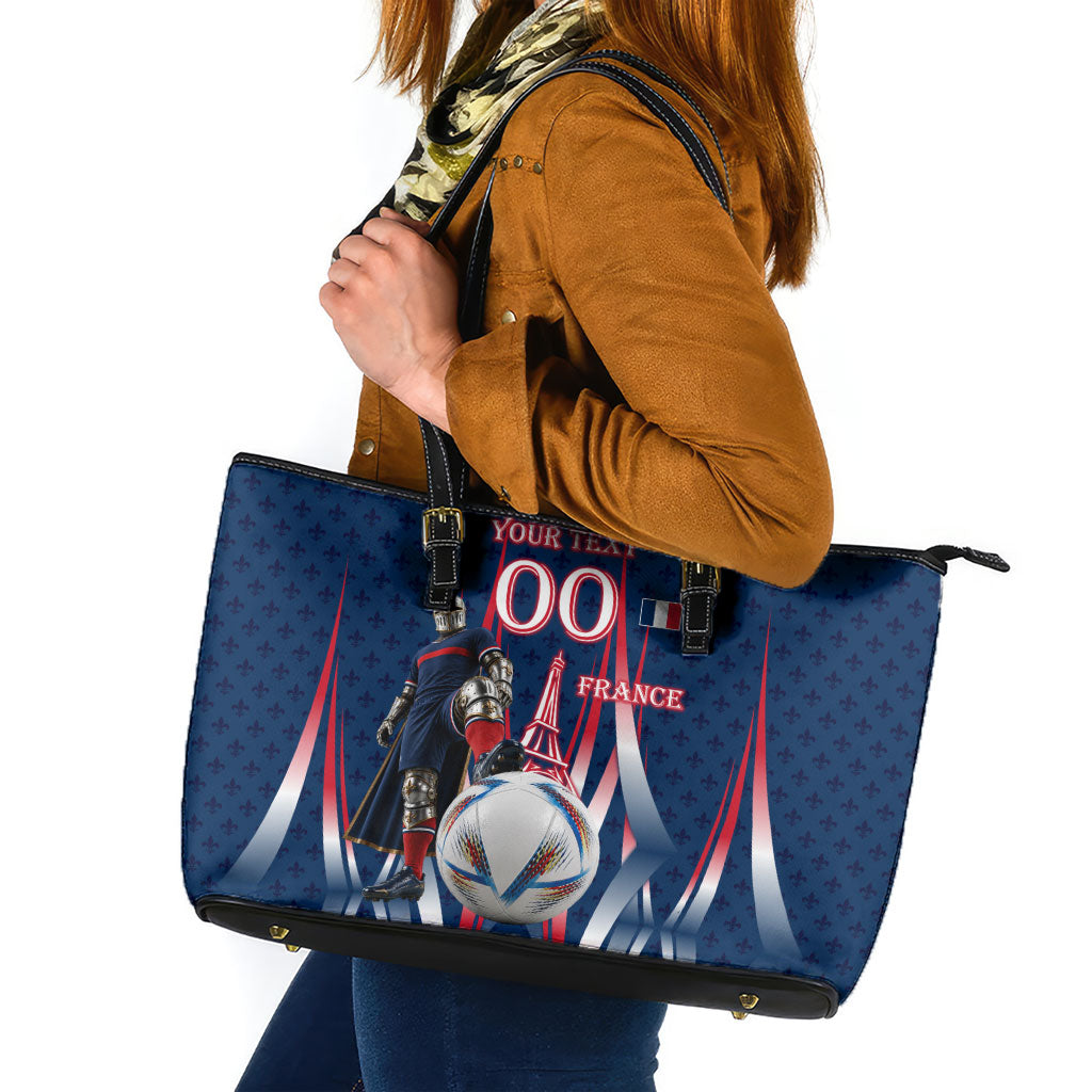 Personalized France Football Knight Leather Tote Bag Medieval Knight Soccer Concept With Eiffel Tower