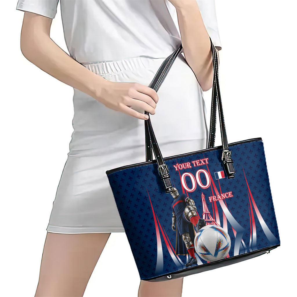 Personalized France Football Knight Leather Tote Bag Medieval Knight Soccer Concept With Eiffel Tower