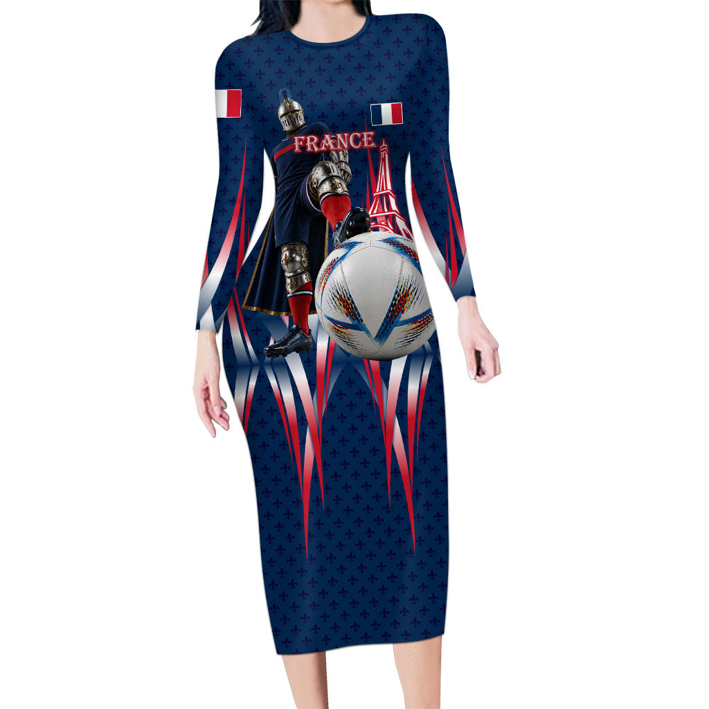 Personalized France Football Knight Long Sleeve Bodycon Dress Medieval Knight Soccer Concept With Eiffel Tower