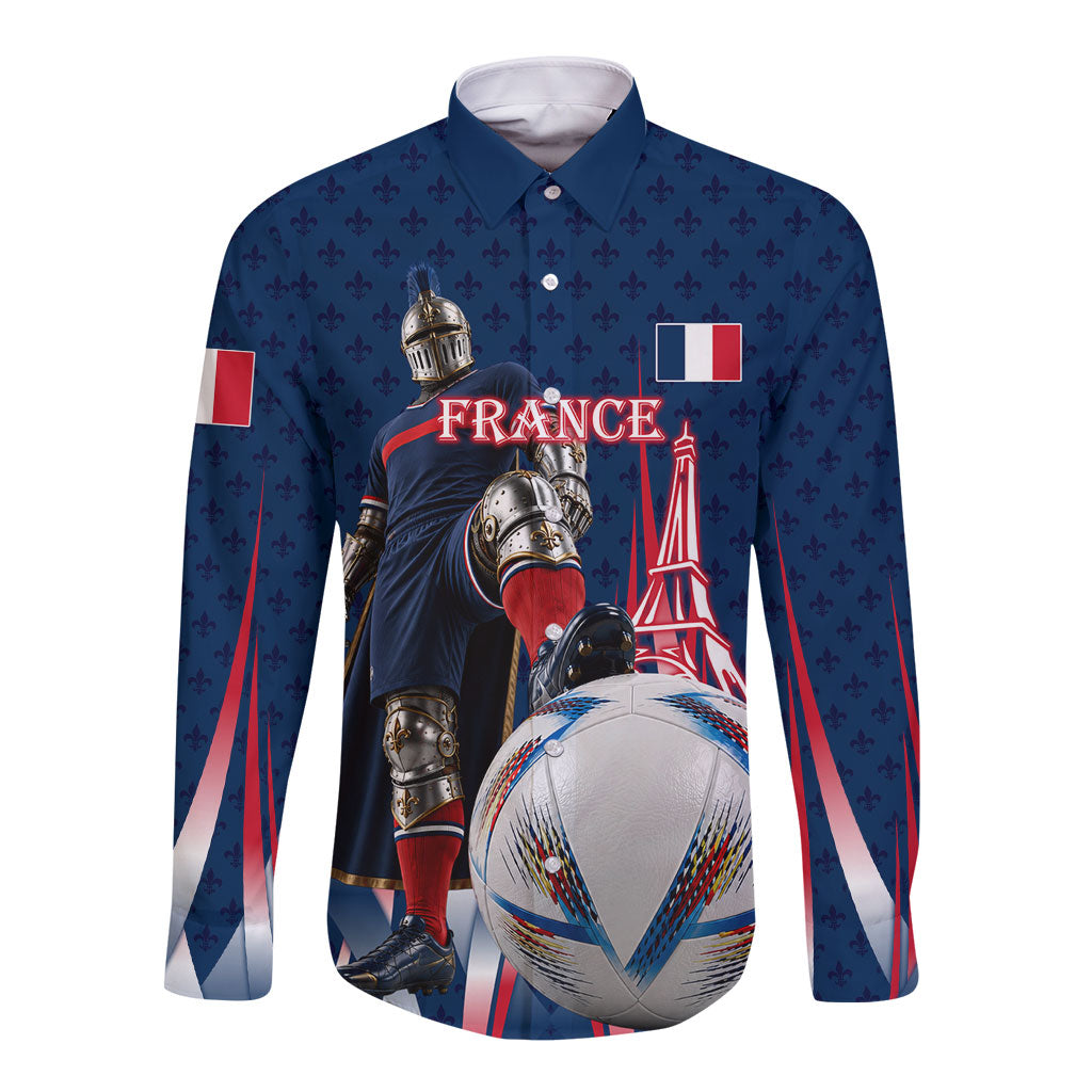 Personalized France Football Knight Long Sleeve Button Shirt Medieval Knight Soccer Concept With Eiffel Tower