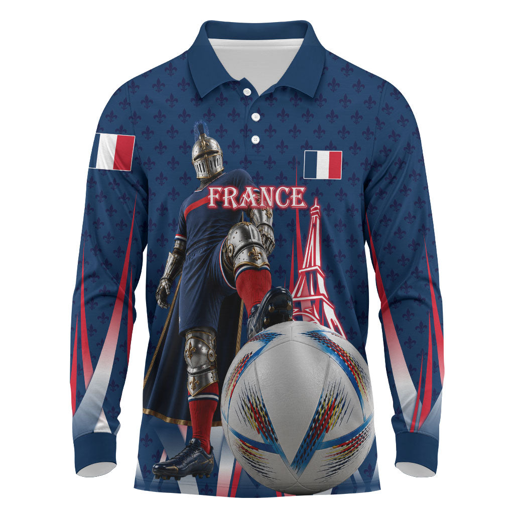 Personalized France Football Knight Long Sleeve Polo Shirt Medieval Knight Soccer Concept With Eiffel Tower