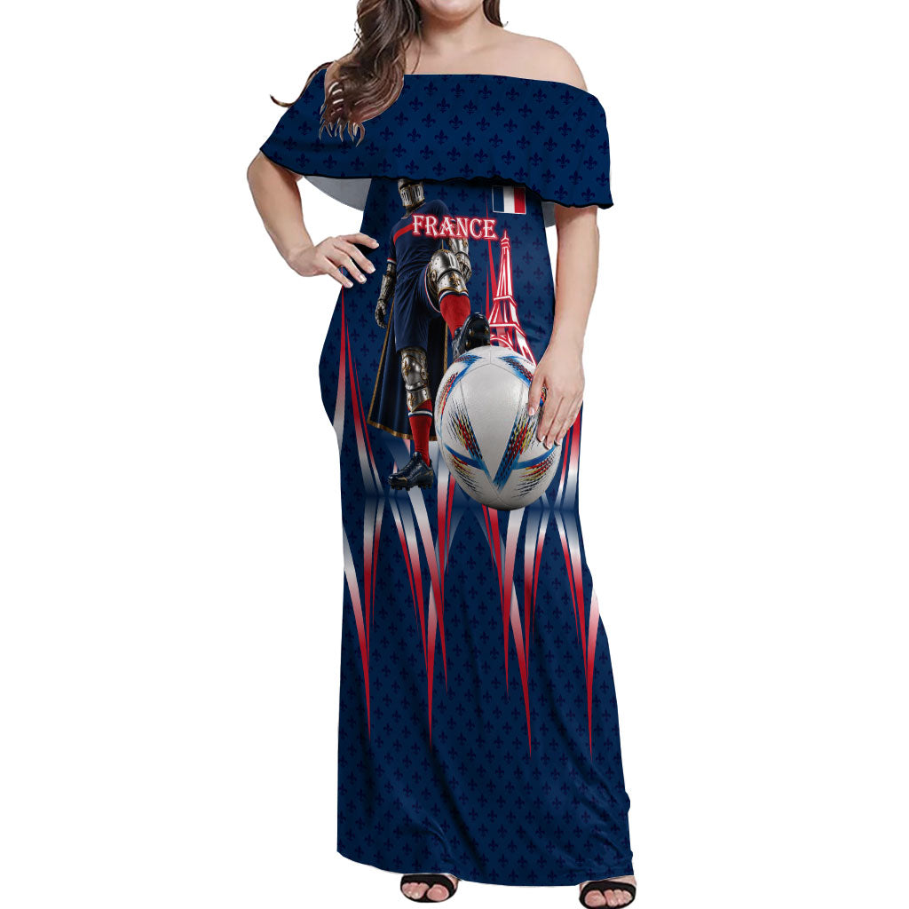 Personalized France Football Knight Off Shoulder Maxi Dress Medieval Knight Soccer Concept With Eiffel Tower