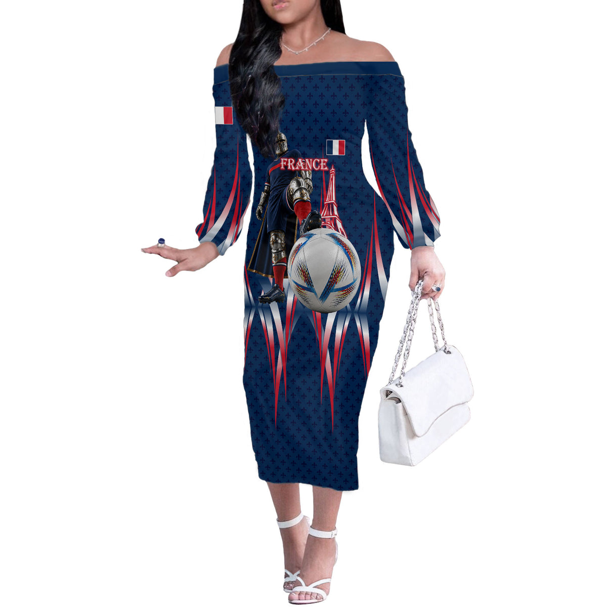 Personalized France Football Knight Off The Shoulder Long Sleeve Dress Medieval Knight Soccer Concept With Eiffel Tower