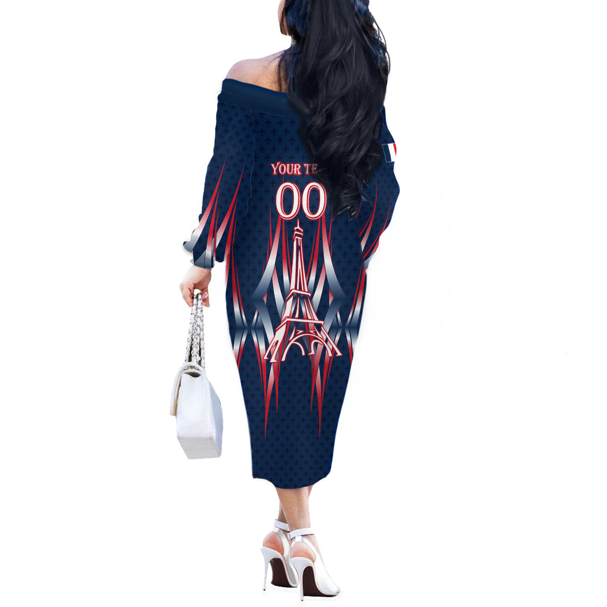 Personalized France Football Knight Off The Shoulder Long Sleeve Dress Medieval Knight Soccer Concept With Eiffel Tower