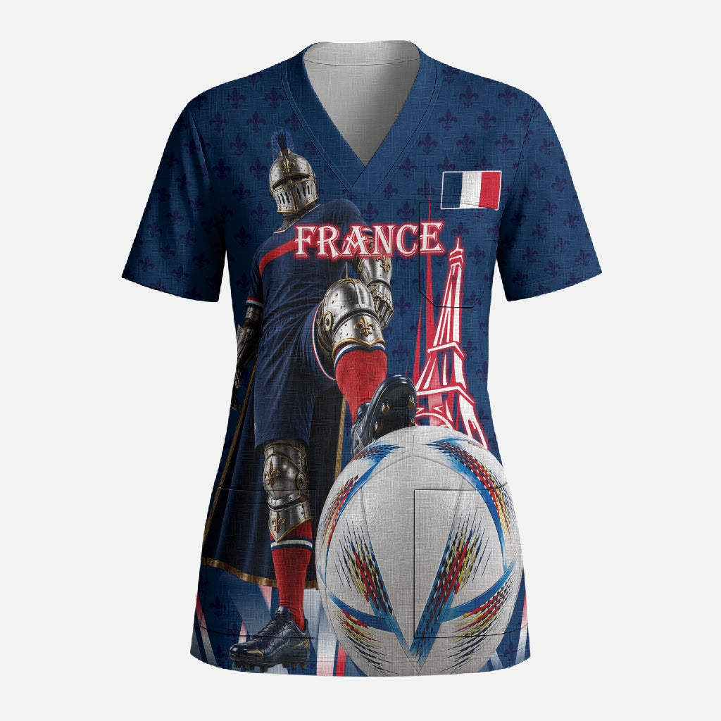 Personalized France Football Knight Scrub Top Medieval Knight Soccer Concept With Eiffel Tower