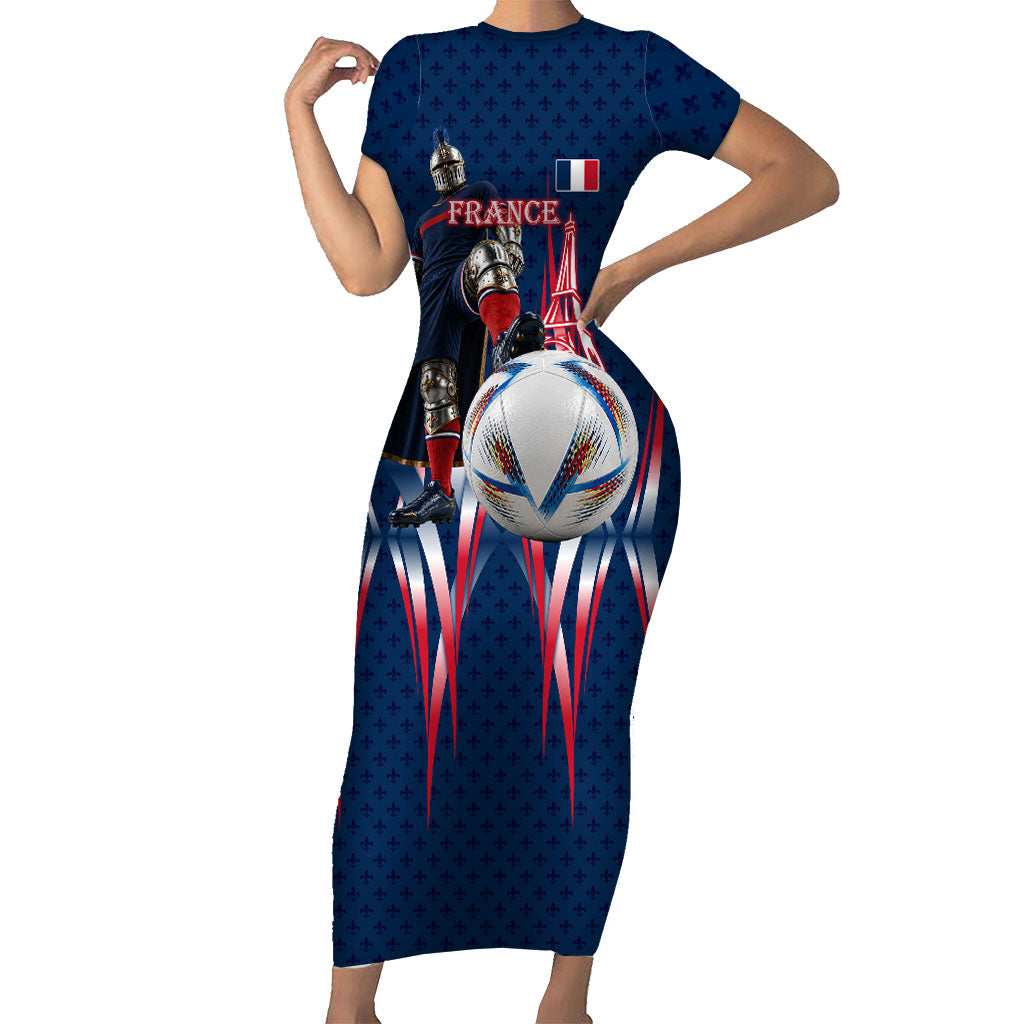 Personalized France Football Knight Short Sleeve Bodycon Dress Medieval Knight Soccer Concept With Eiffel Tower