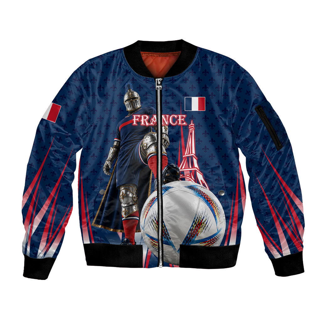 Personalized France Football Knight Sleeve Zip Bomber Jacket Medieval Knight Soccer Concept With Eiffel Tower