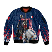 Personalized France Football Knight Sleeve Zip Bomber Jacket Medieval Knight Soccer Concept With Eiffel Tower