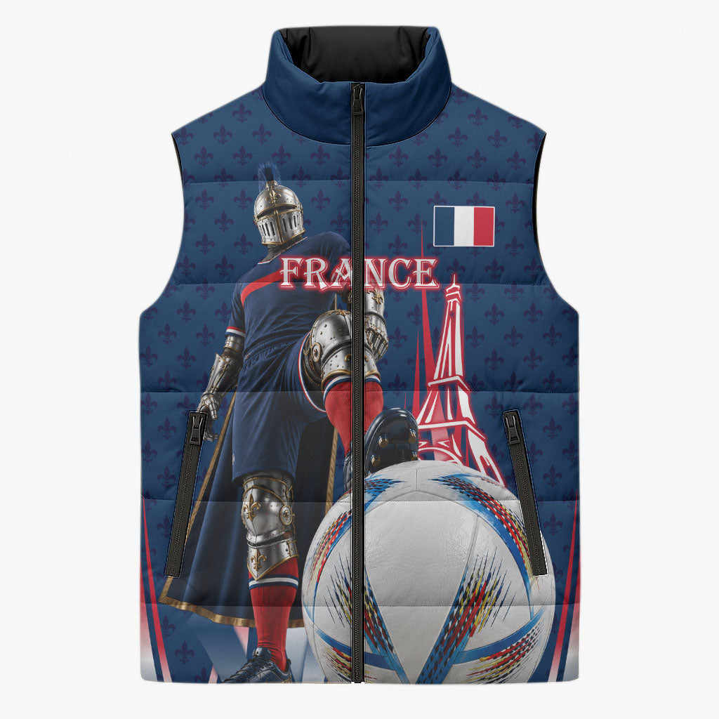 Personalized France Football Knight Sleeveless Puffer Jacket Medieval Knight Soccer Concept With Eiffel Tower