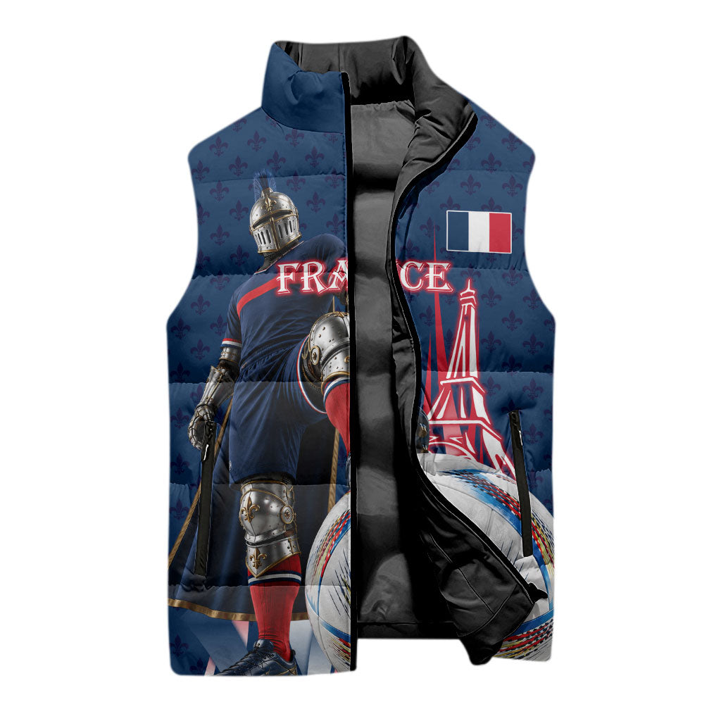 Personalized France Football Knight Sleeveless Puffer Jacket Medieval Knight Soccer Concept With Eiffel Tower