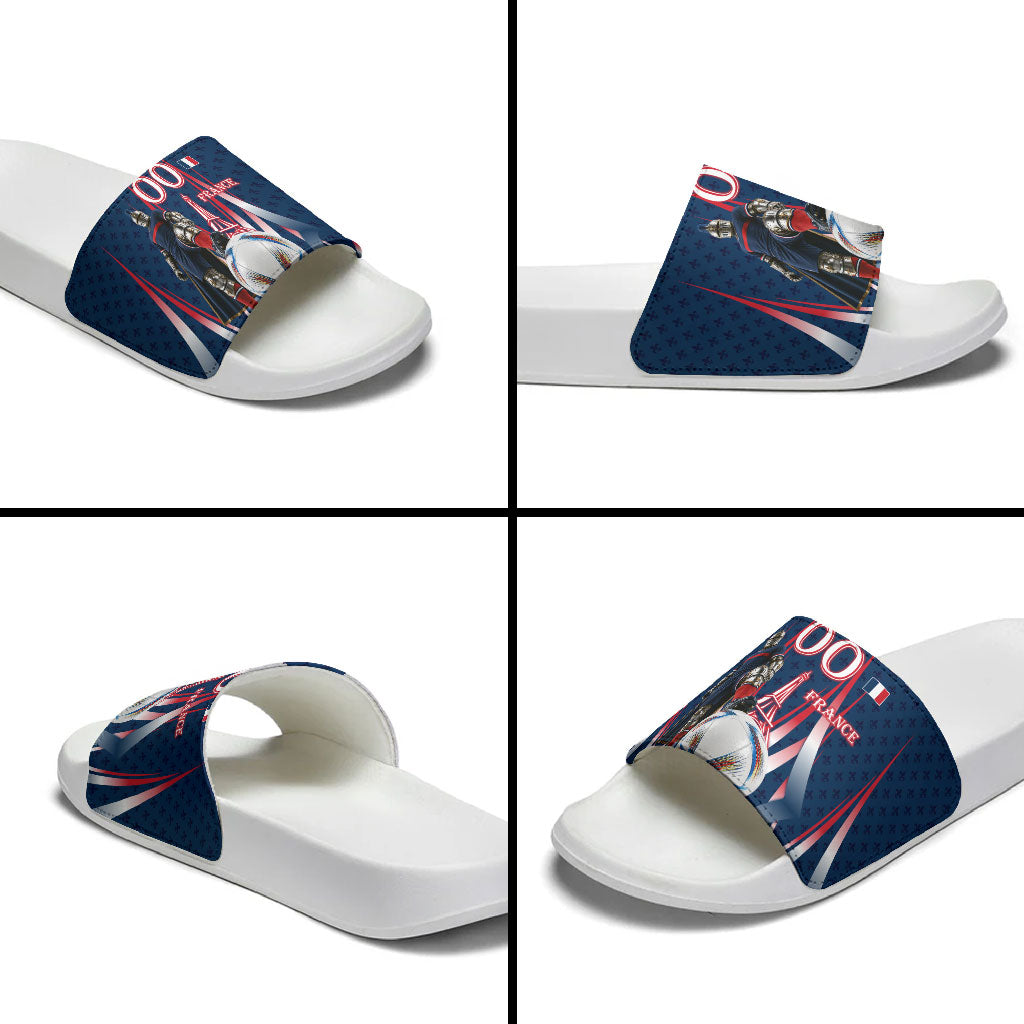 Personalized France Football Knight Slide Sandals Medieval Knight Soccer Concept With Eiffel Tower