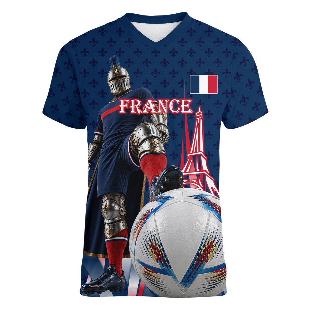 Personalized France Football Knight Women V-Neck T-Shirt Medieval Knight Soccer Concept With Eiffel Tower