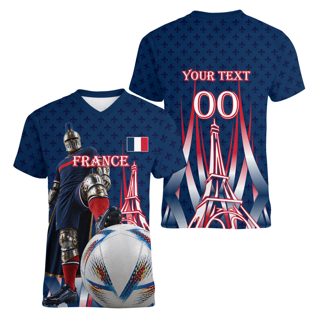 Personalized France Football Knight Women V-Neck T-Shirt Medieval Knight Soccer Concept With Eiffel Tower